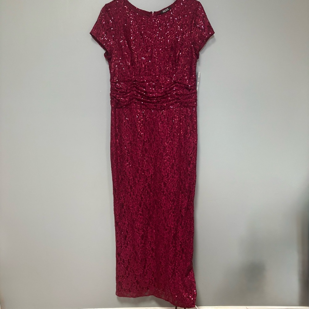 SLNY Lace Short Sleeve Red Sparkly Sequins Long Gown Formal Party‎ Dress NWT 12